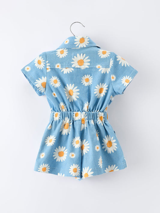 Spring Daisy Print Girls Blue Denim Jumpsuit