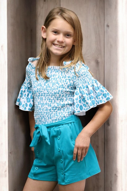 Turquoise Leopard Print Cold Shoulder Top & Shorts Set