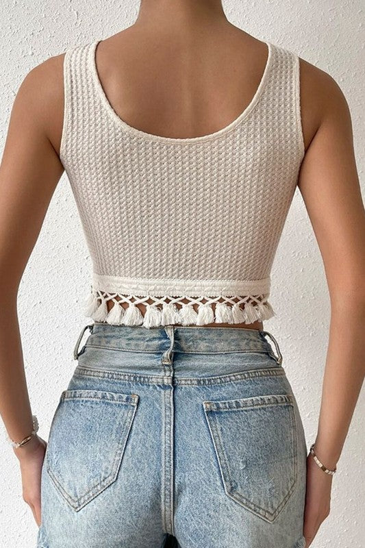 U Neck Sleeveless Top W/ Tassels