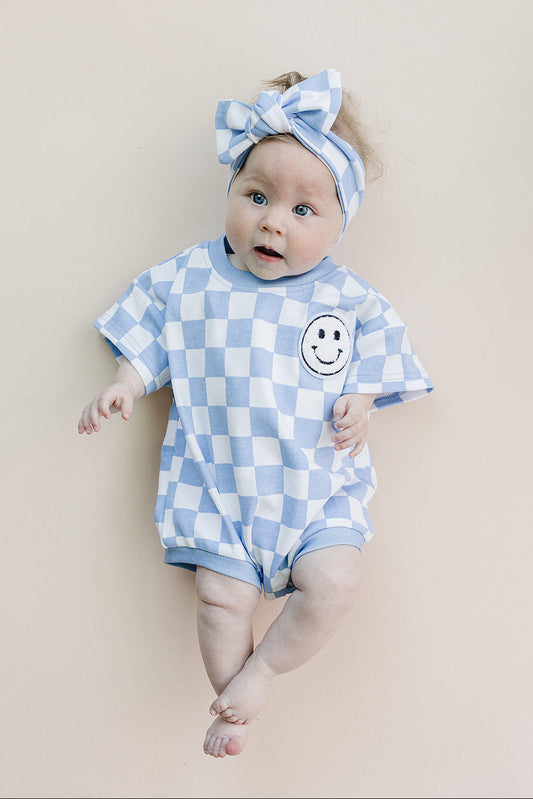 Short Sleeve Bubble Romper | Checkered Smiley Blue
