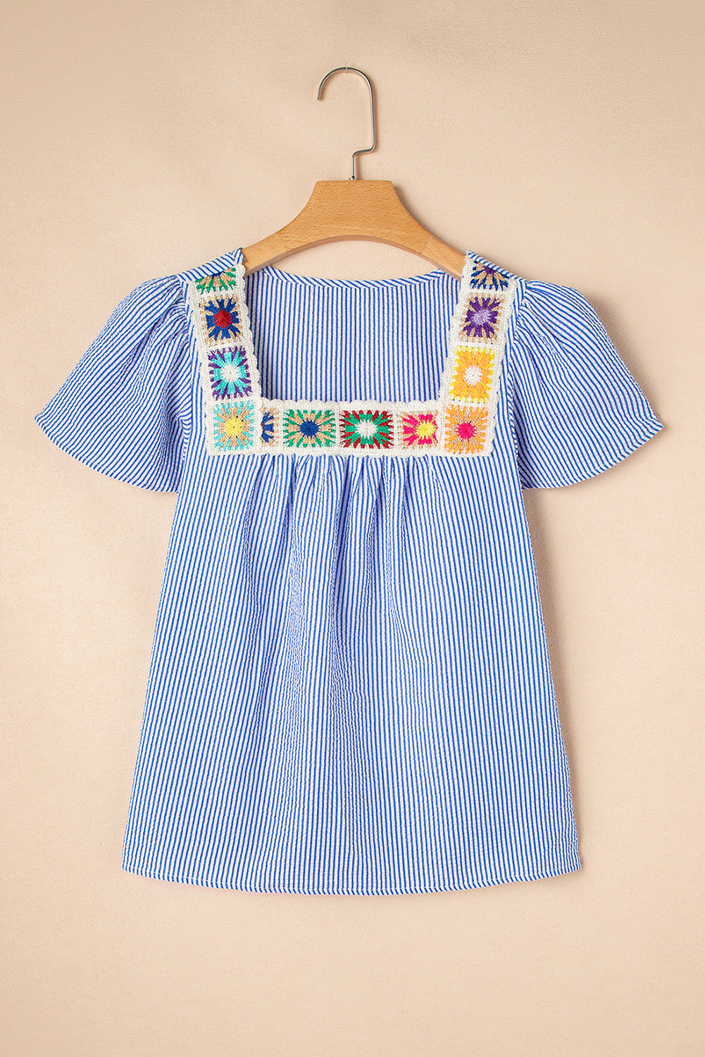 Blue Stripe Boho Flower Blouse LT