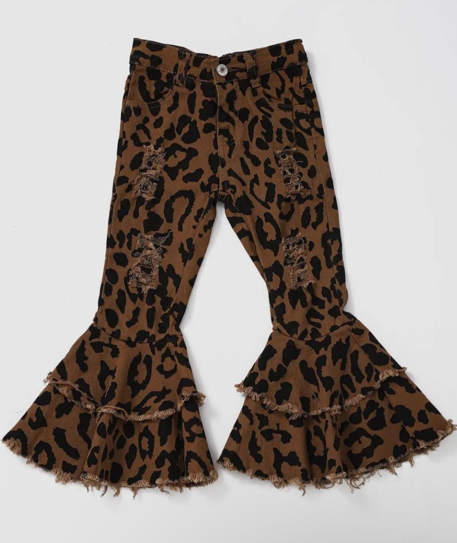 Leopard Distressed Double Bell Bottoms