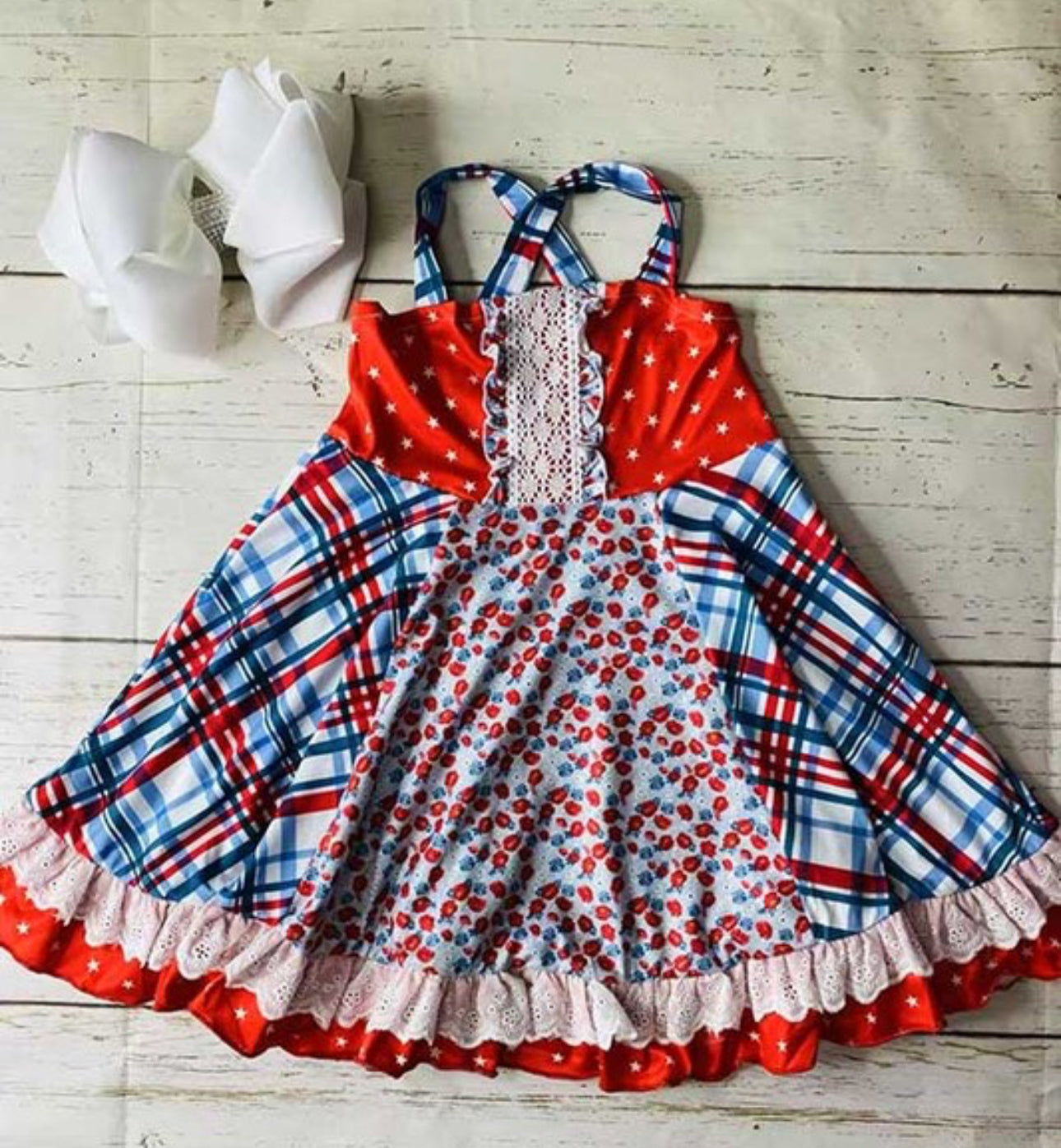 Plaid& Floral Dress with Lace Trim