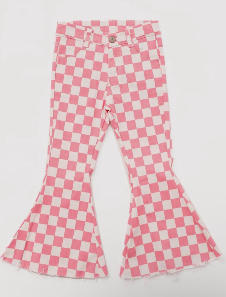 Pink Checked Flare Jeans