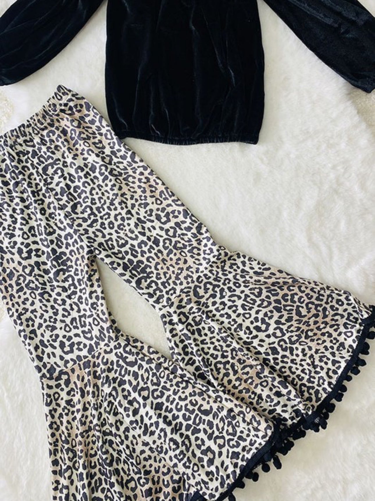 Black Velvet Top & Leopard Bell Bottoms Set