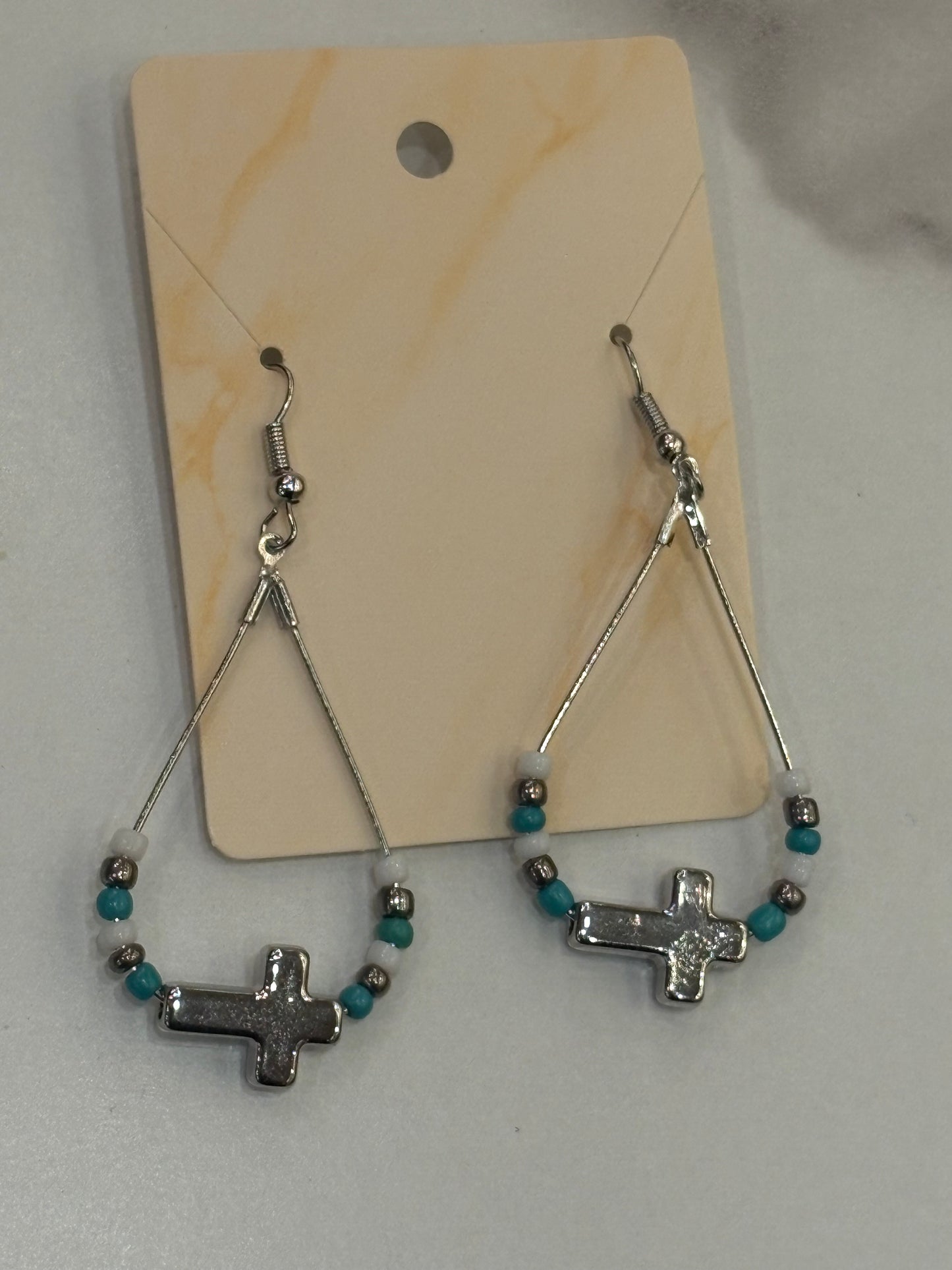 Turquoise & Silver Beaded Teardrop Earrings with Cross Charm