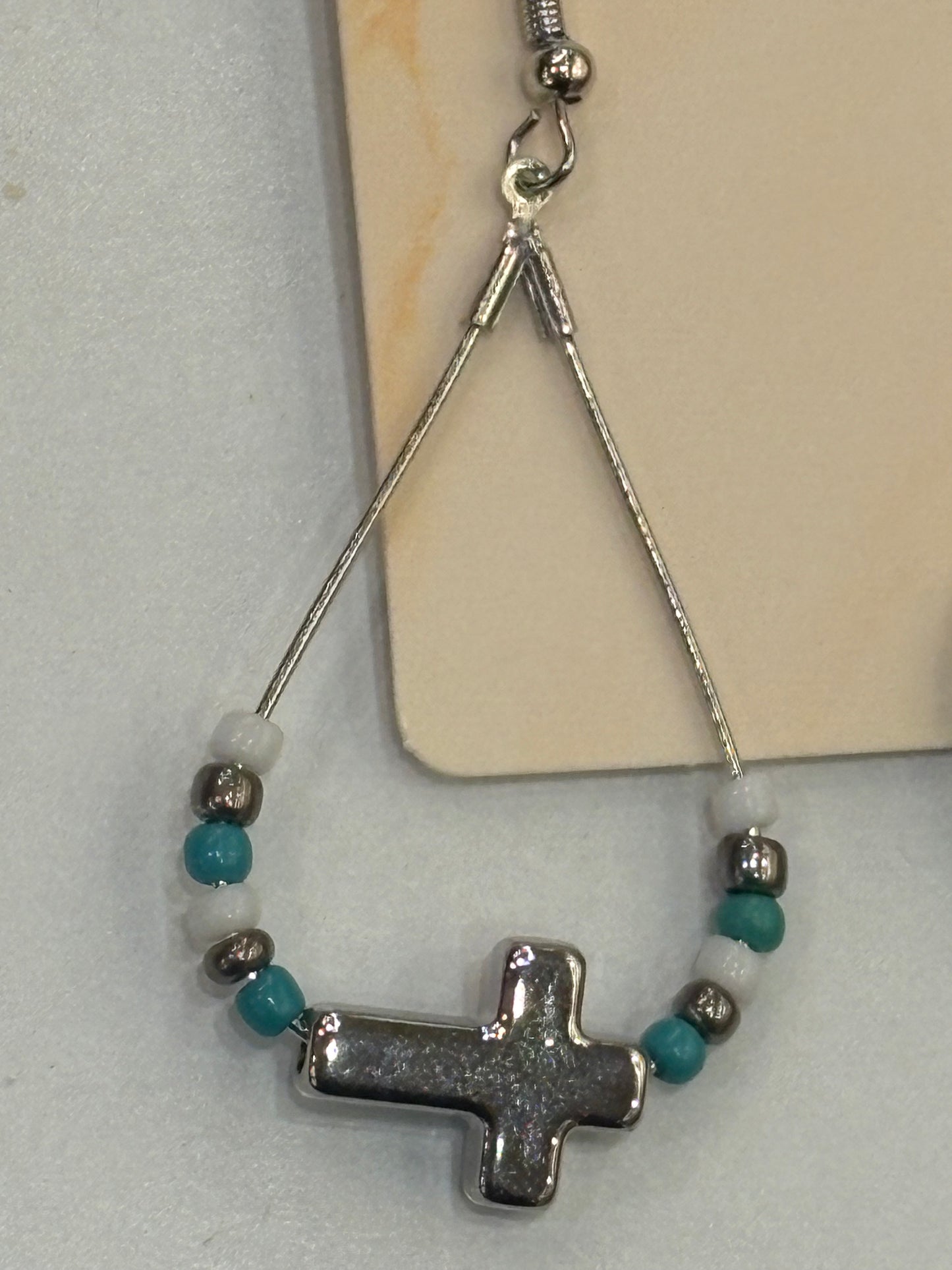 Turquoise & Silver Beaded Teardrop Earrings with Cross Charm