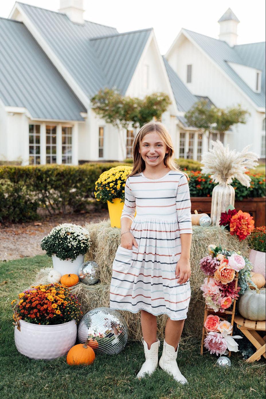 Fall Stripes 3/4 Sleeve Pocket Twirl Dress