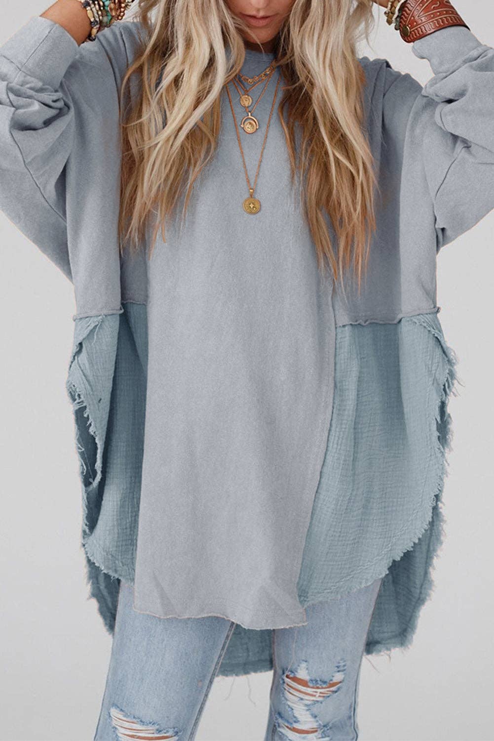 Grey Crinkled Patchwork Raw Hem Oversized Top