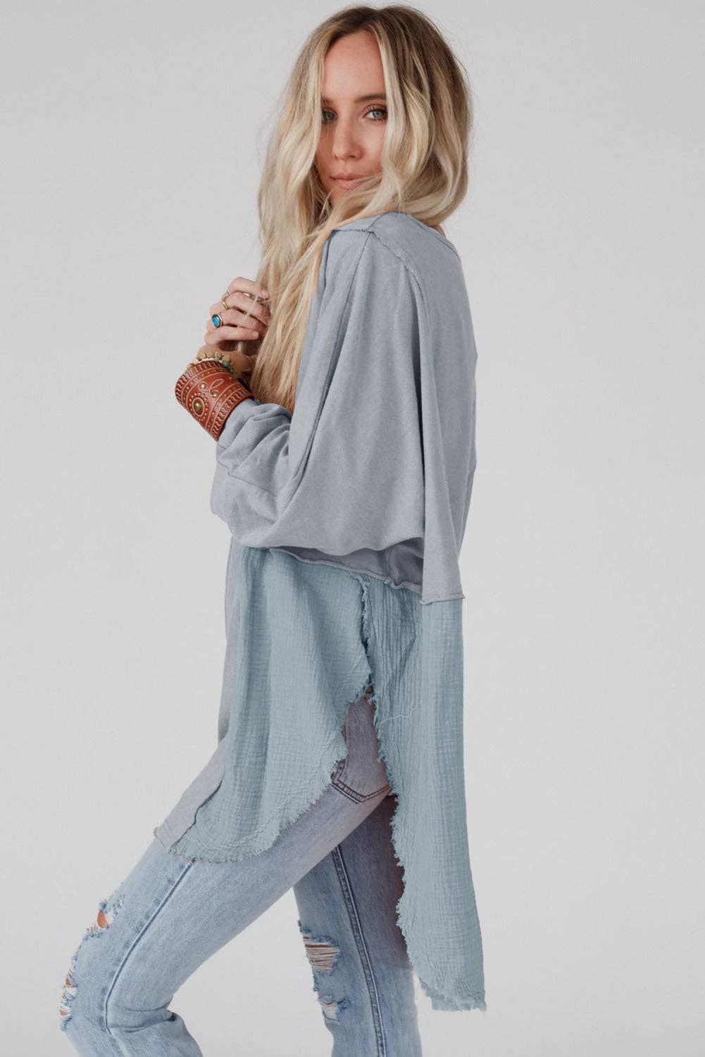 Grey Crinkled Patchwork Raw Hem Oversized Top