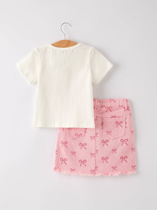 Girls Set Letter T-shirt + Pink Bow Printed Denim Skirt
