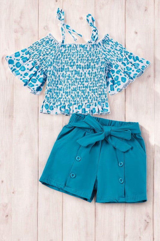 Turquoise Leopard Print Cold Shoulder Top & Shorts