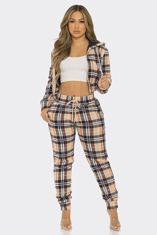 Plaid Tartan Zipper Cropped Hoodie and Jogger Pants Set