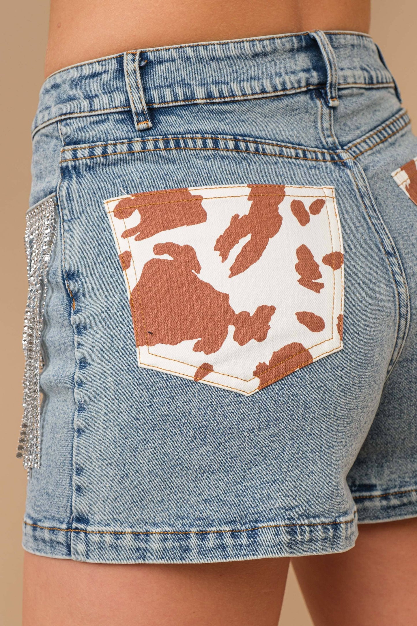 Cow Print Pocket Back Denim Shorts