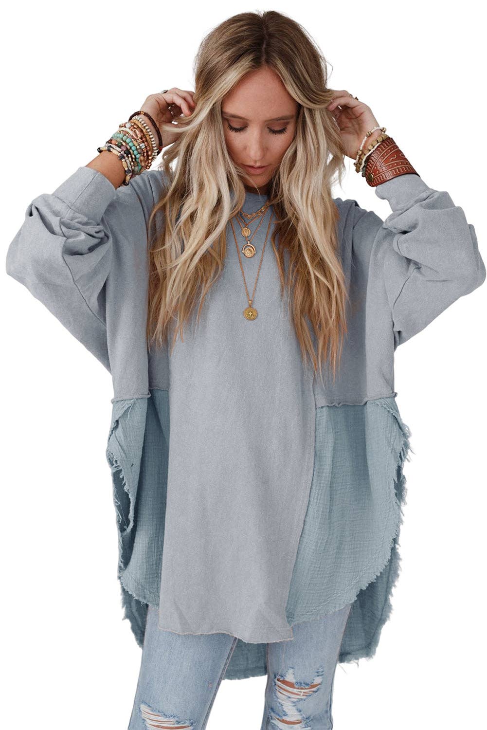 Grey Crinkled Patchwork Raw Hem Oversized Top