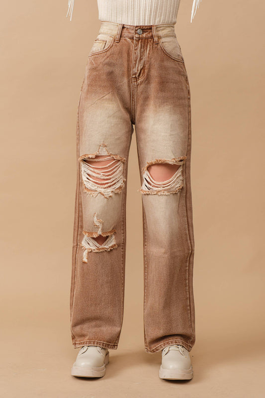 High Rise Distressed Straight Cut Denim Jeans