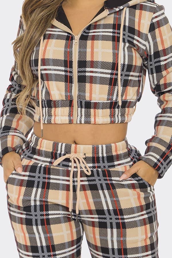 Plaid Tartan Zipper Cropped Hoodie and Jogger Pants Set