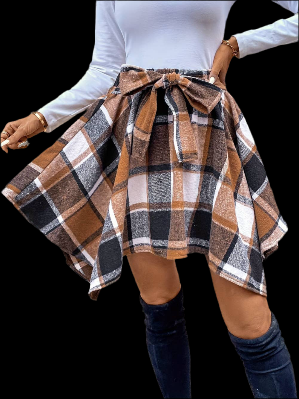 Stylish Panelled Checked Lace-Up Skirt