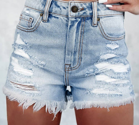 Distressed Ripped Raw Hem High Waist Denim Shorts