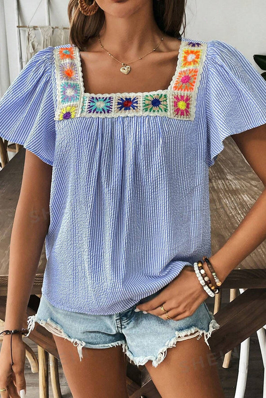 Blue Stripe Boho Flower Blouse LT