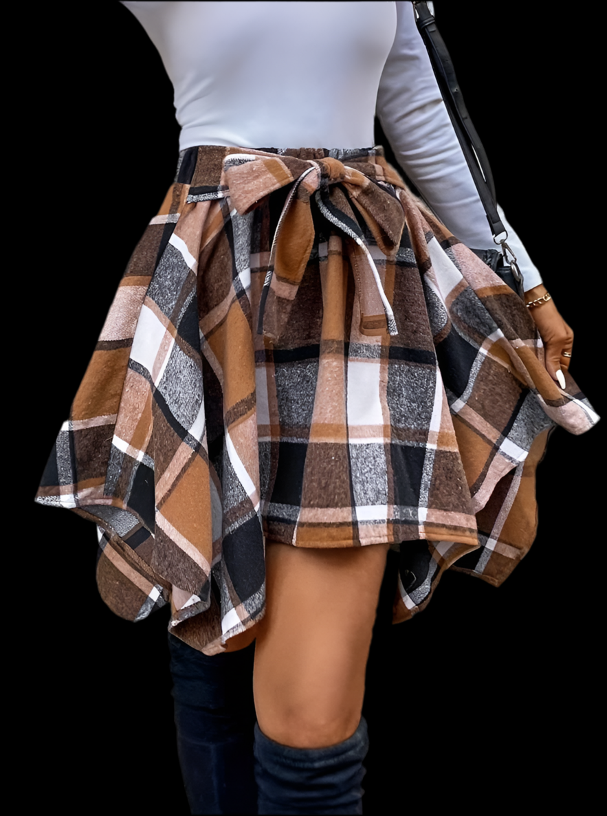 Stylish Panelled Checked Lace-Up Skirt