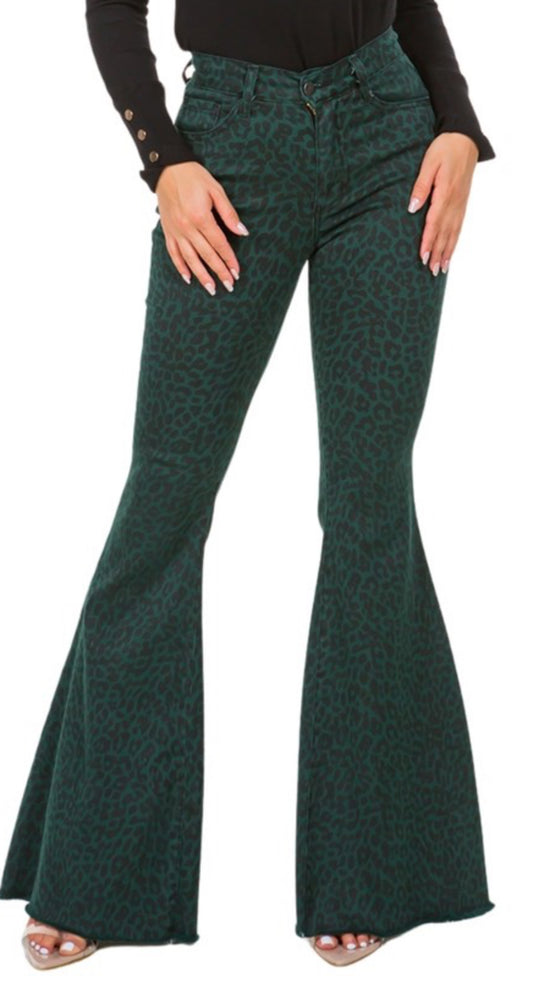 Green Leopard Bell Bottoms (34 Inseam)