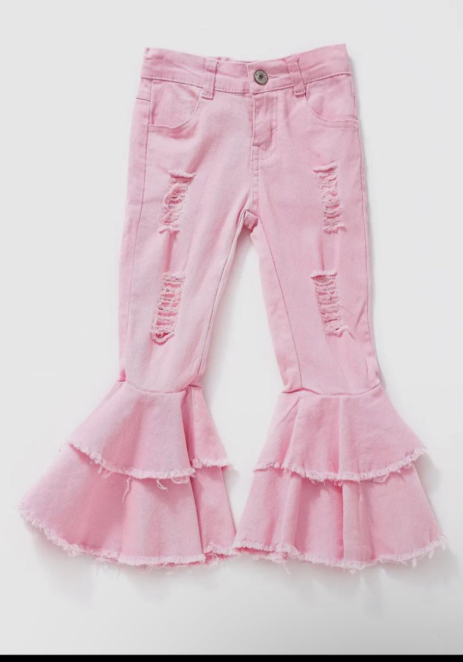 Pink Distressed Double Bell Bottoms