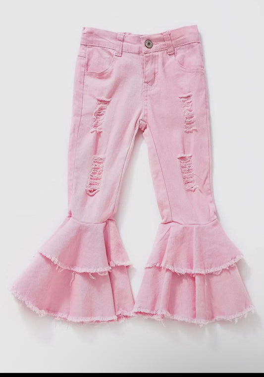 Pink Distressed Double Bell Bottoms