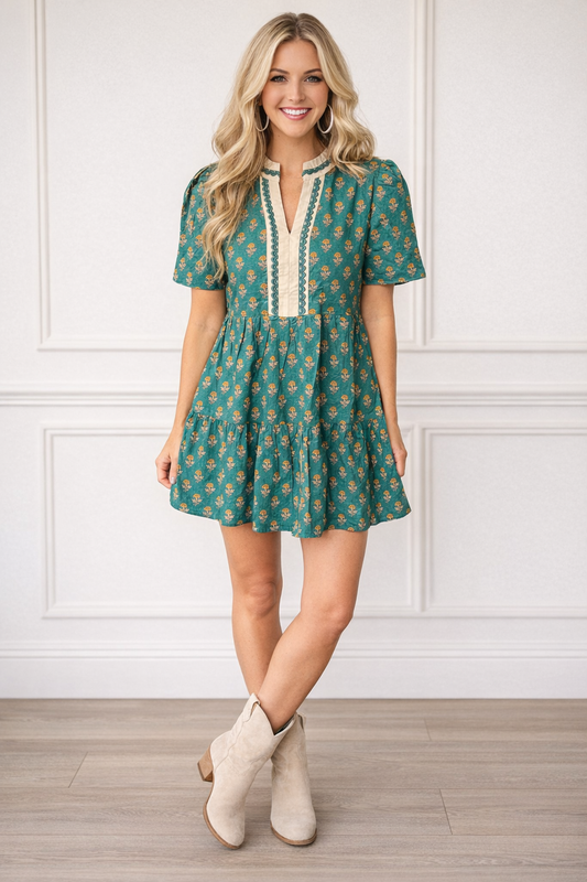 Green Contrast Trim Floral Dress FB