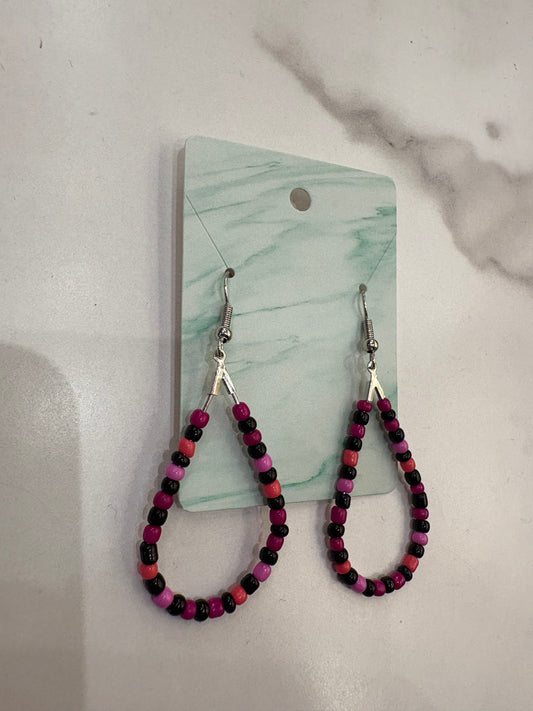 Pink & Red Beaded Teardrop Earrings with Black Accent