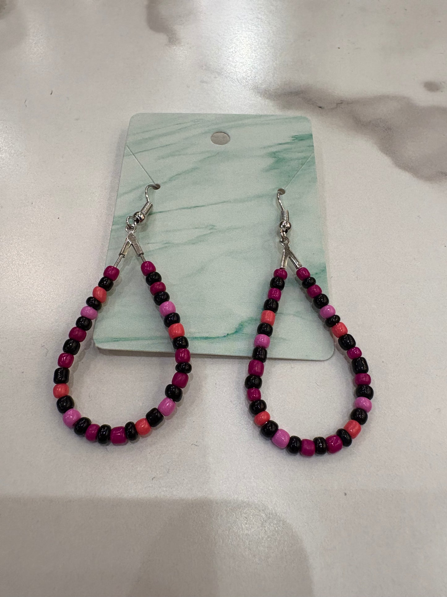 Pink & Red Beaded Teardrop Earrings with Black Accent