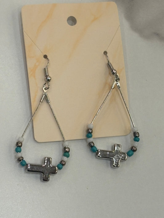Turquoise & Silver Beaded Teardrop Earrings with Cross Charm