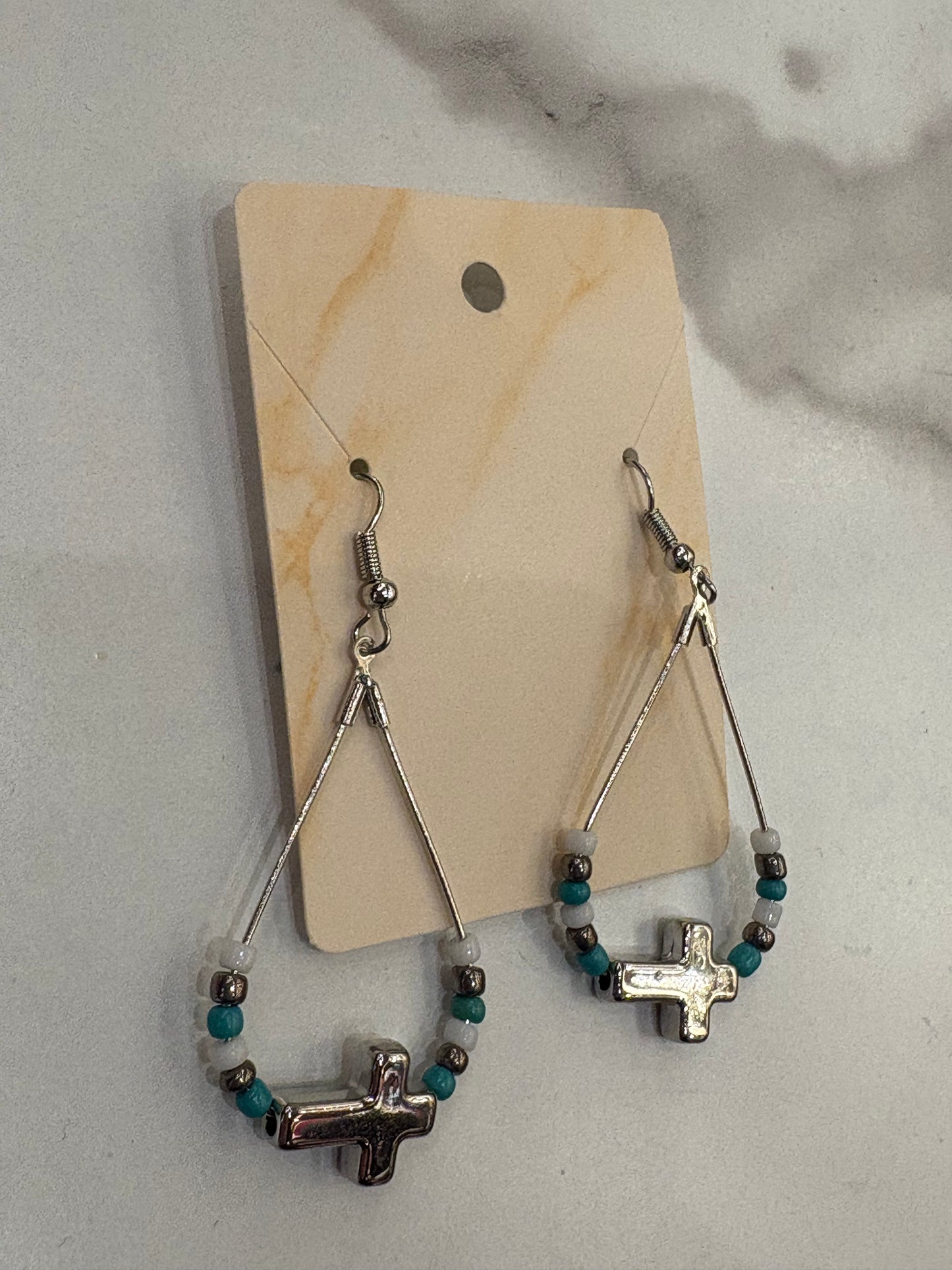 Turquoise & Silver Beaded Teardrop Earrings with Cross Charm