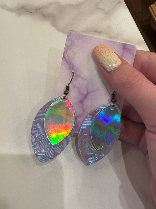 Perfectly Yours Holographic Faux Leather Earrings – 2 Layer Iridescent Silver