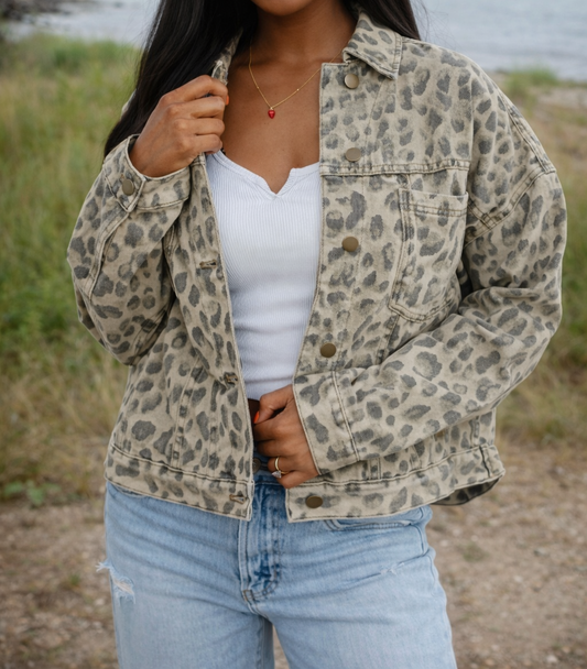 Khaki Retro Leopard Denim Jacket LT
