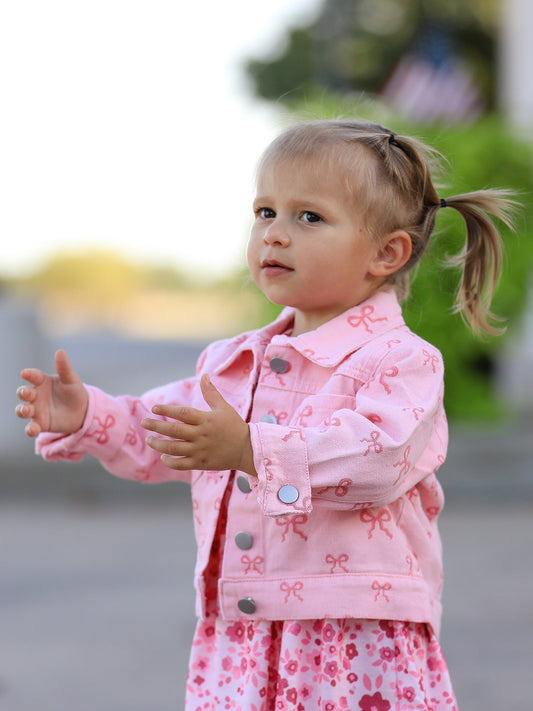 Pink Fall Girls Butterfly Print Denim Jacket