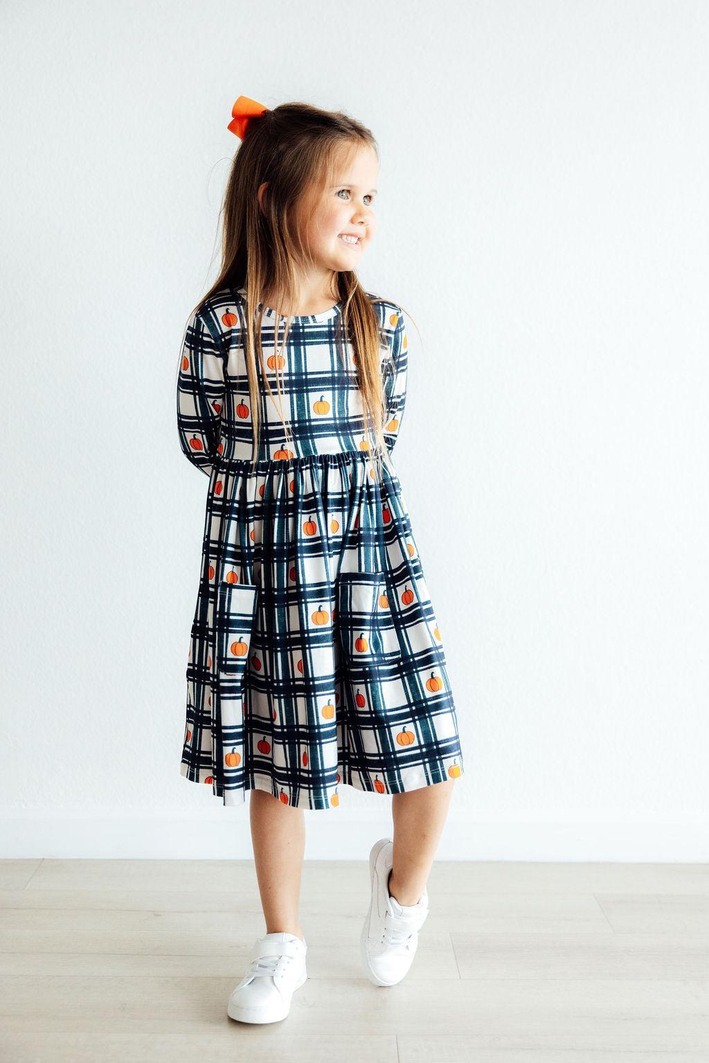 Plaid Pumpkins L/S Pocket Twirl Dress