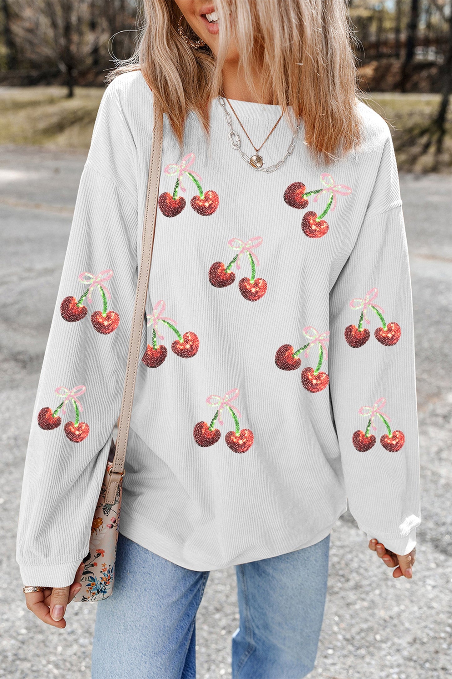 Ribbed Sequin Cherry Sweatshirt December.
