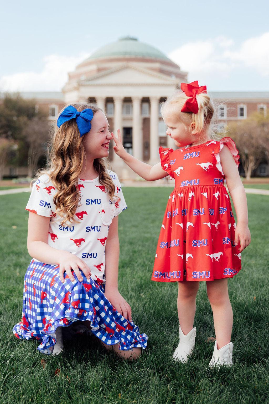 SMU White Mustang Ruffle Pocket Tee