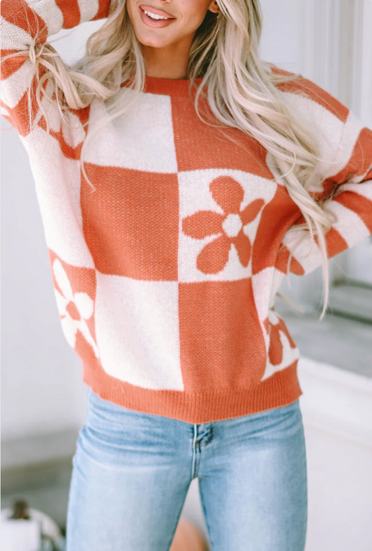 Burnt Orange Checkered Floral Sweater