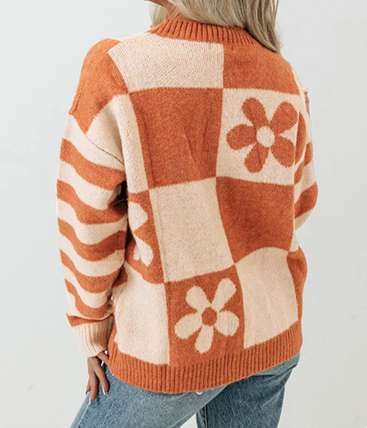 Burnt Orange Checkered Floral Sweater