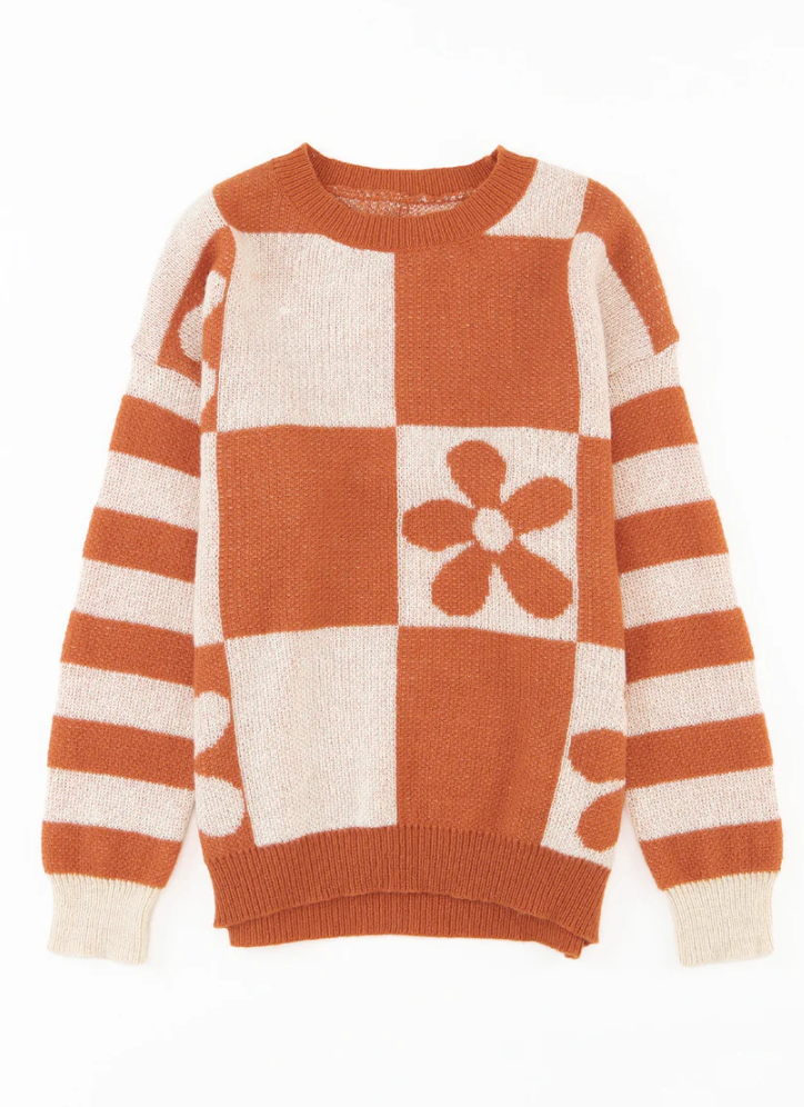 Burnt Orange Checkered Floral Sweater