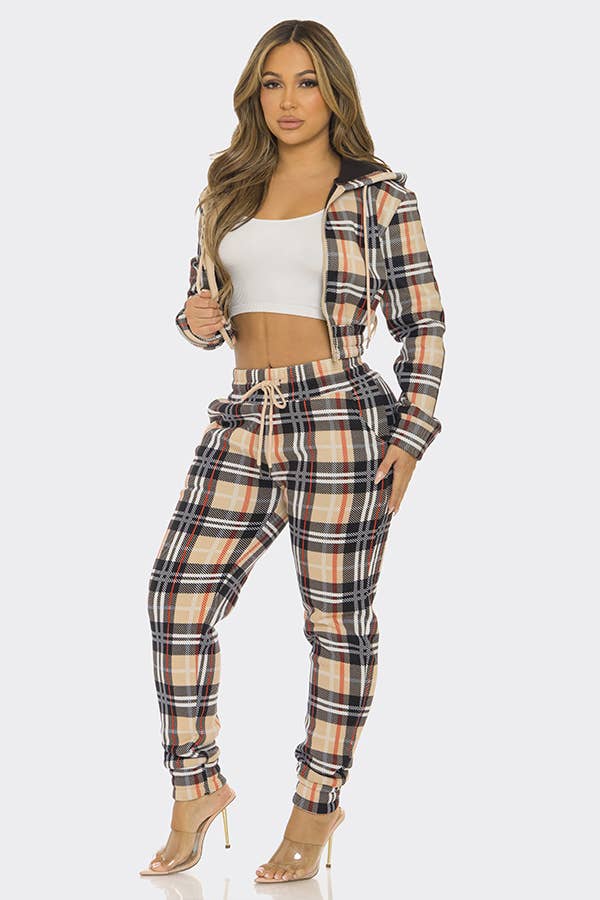 Plaid Tartan Zipper Cropped Hoodie and Jogger Pants Set