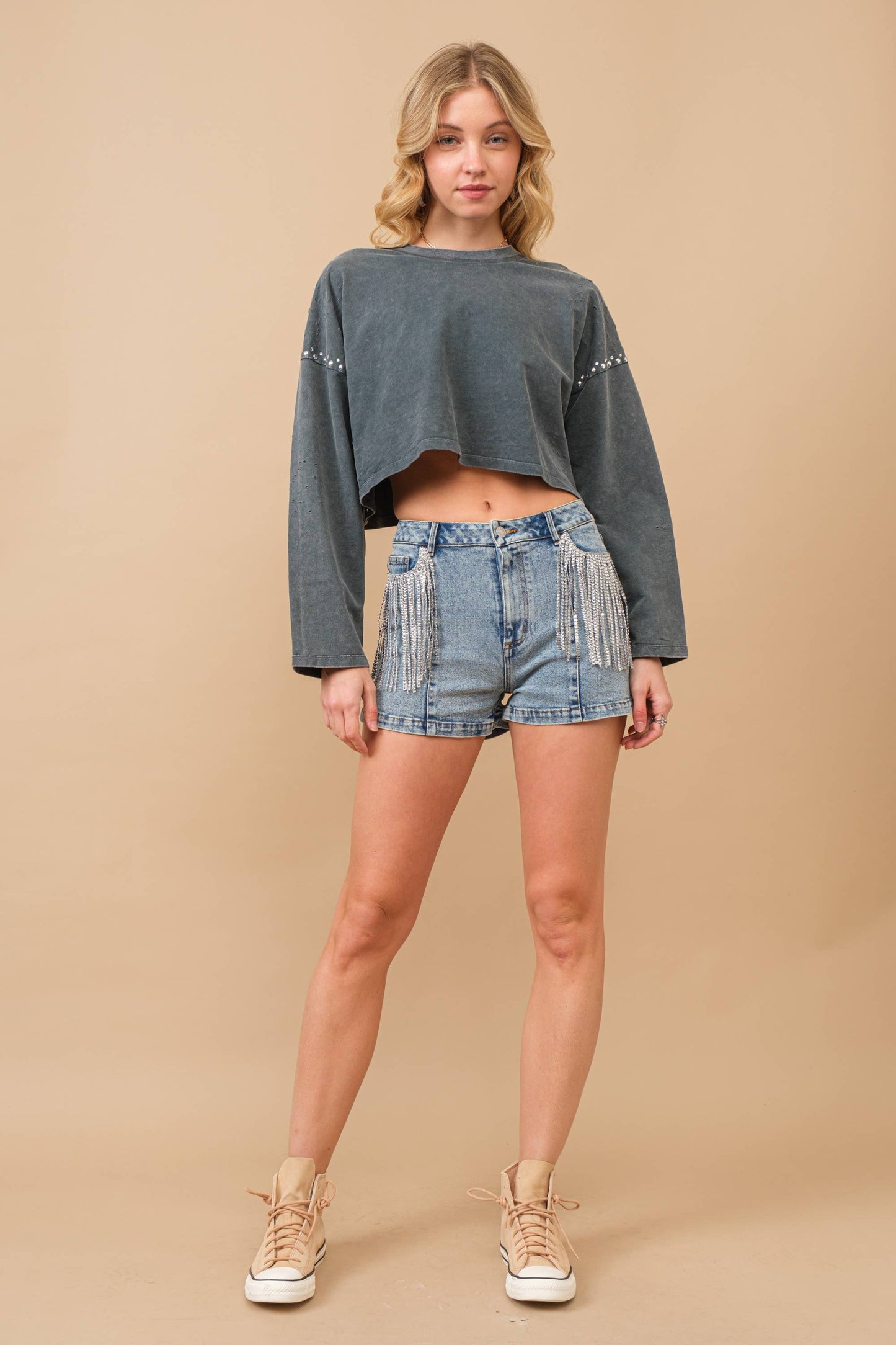 Cow Print Pocket Back Denim Shorts