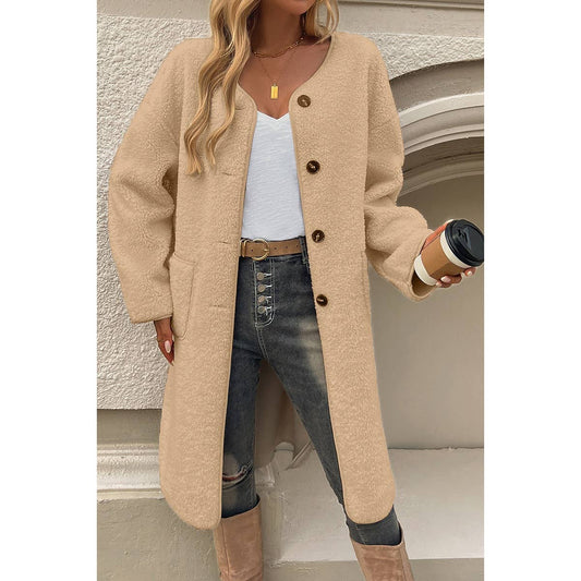 Solid Fuzzy Long Body Button Down Pockets Coat