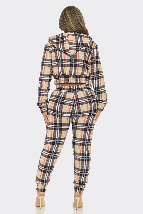 Plaid Tartan Zipper Cropped Hoodie and Jogger Pants Set