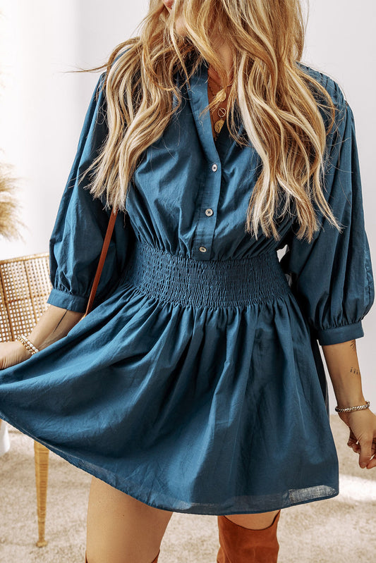 Blue Shirred High Waist Dress FB