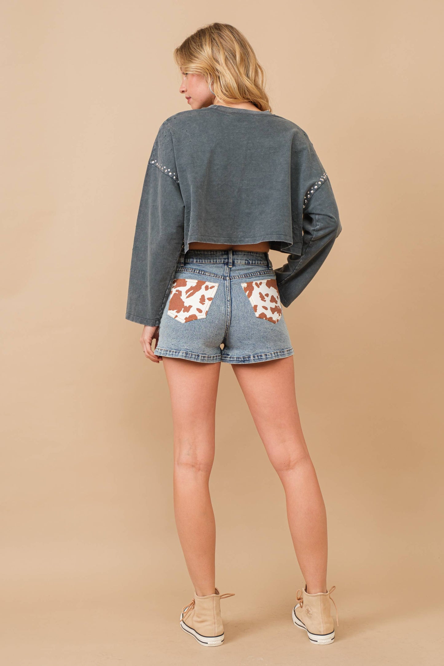 Cow Print Pocket Back Denim Shorts