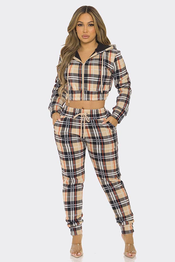 Plaid Tartan Zipper Cropped Hoodie and Jogger Pants Set