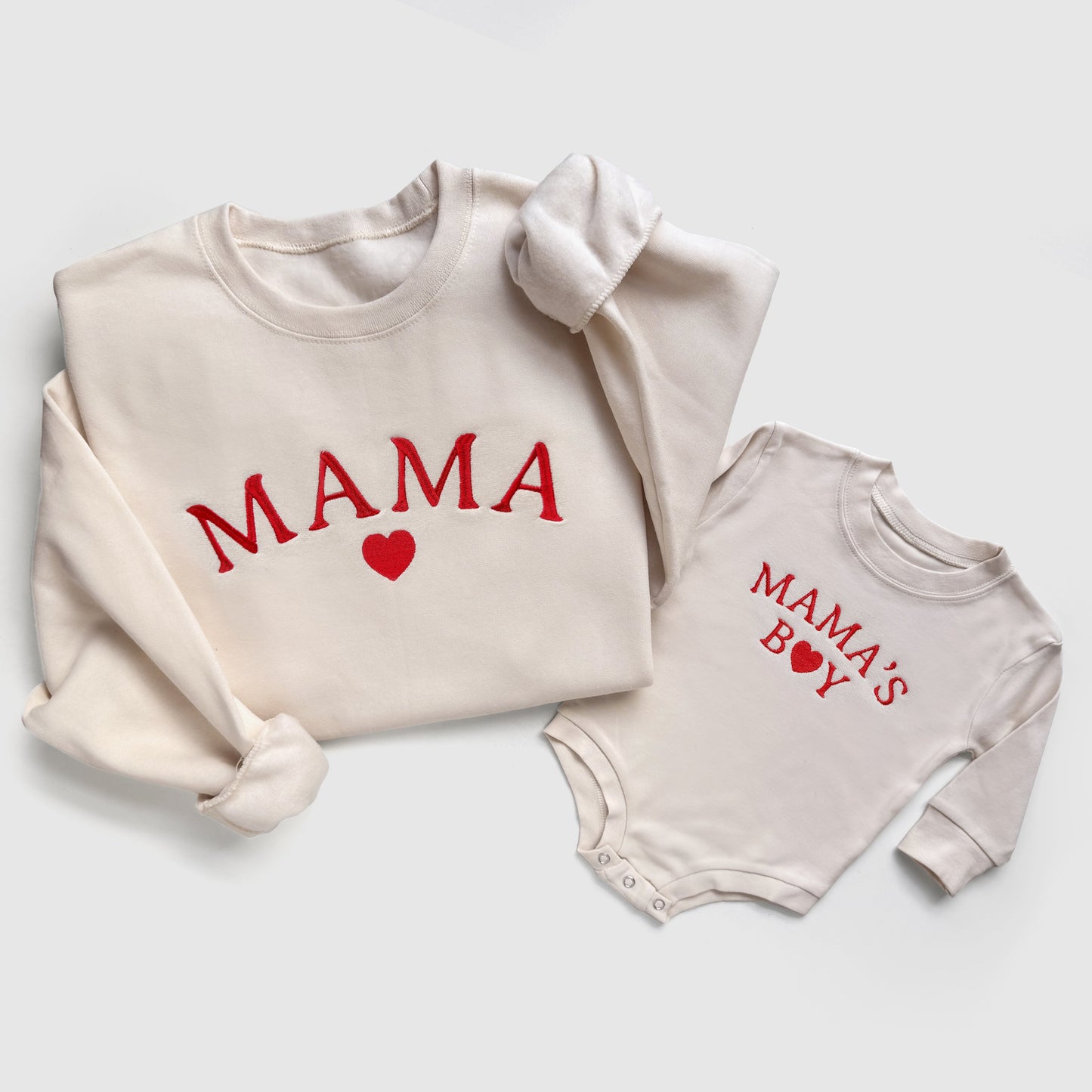 Mama & Mama’s Boy Matching Sweatshirts and Baby Outfits With Hearts